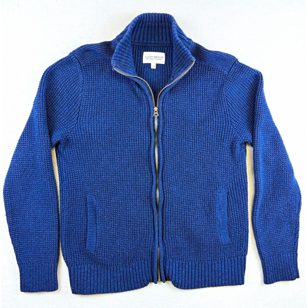 Lucky Brand Men’s Full Zip Sweater Medium Blue Waffle Knit Cardigan Jacket